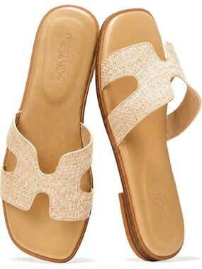 Women's Raffia 100% Genuine Leather Memory Foam Insole Slides Flat Sandal Shoes
